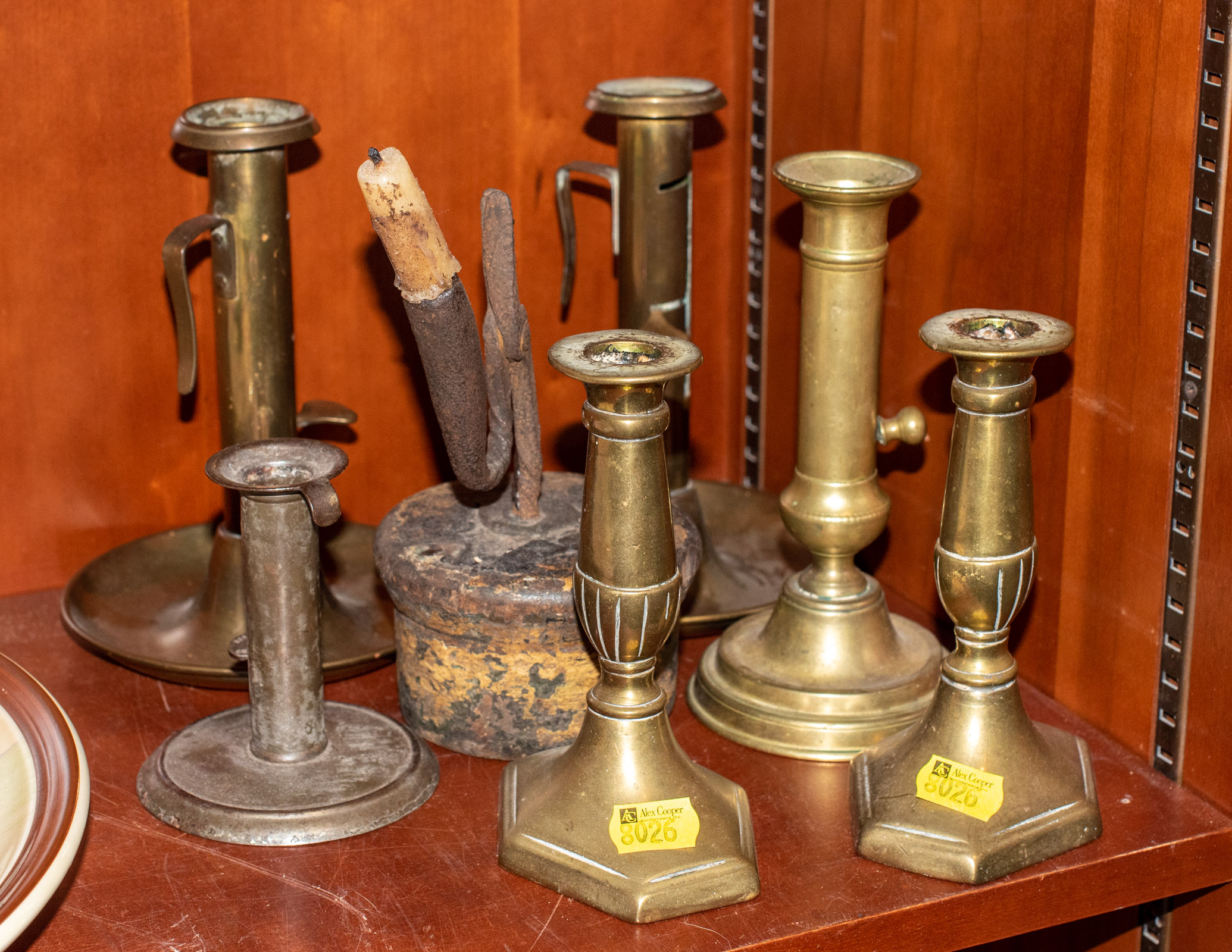 Appraisal: SELECTION OF ANTIQUE LIGHTING DEVICES Including brass and tin candlesticks