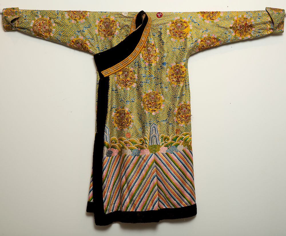 Appraisal: Qing Chinese Embroidered Yellow Dragon Robe A striking Chinese embroidered