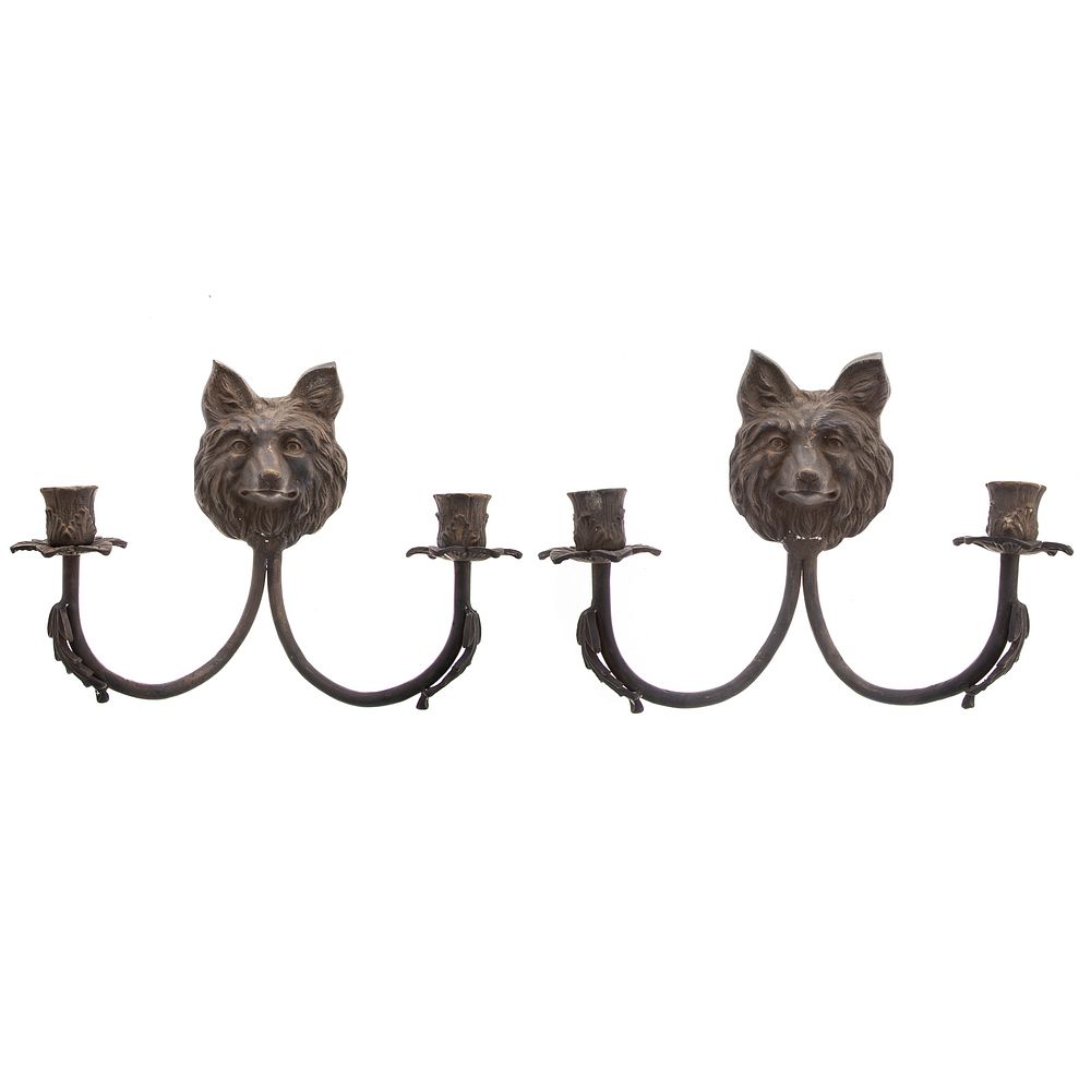 Appraisal: Pair of Wolf Head Bronze Two Light Sconces in H