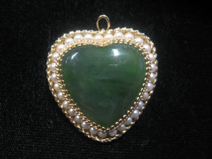 Appraisal: karat yellow gold jade and small pearl heart chatelaine pin