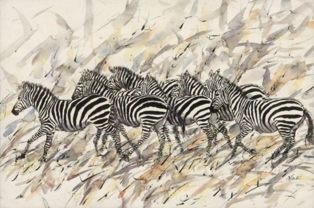 Appraisal: Framed watercolor painting on paper Running Zebras signed lower right