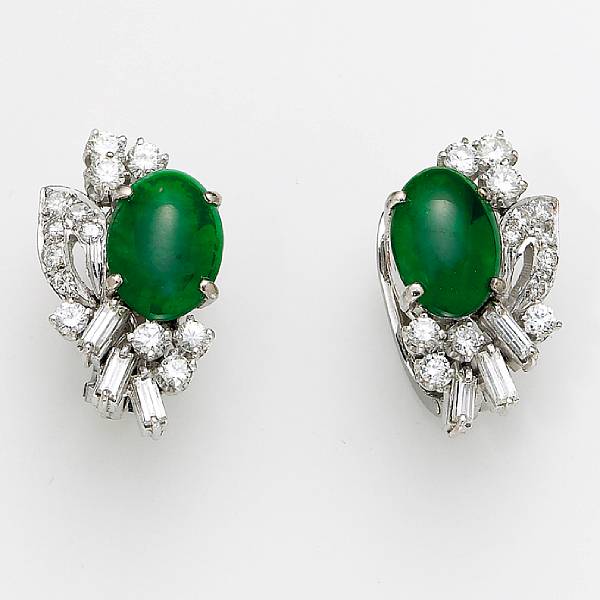 Appraisal: A pair of jadeite jade and diamond earrings estimated total