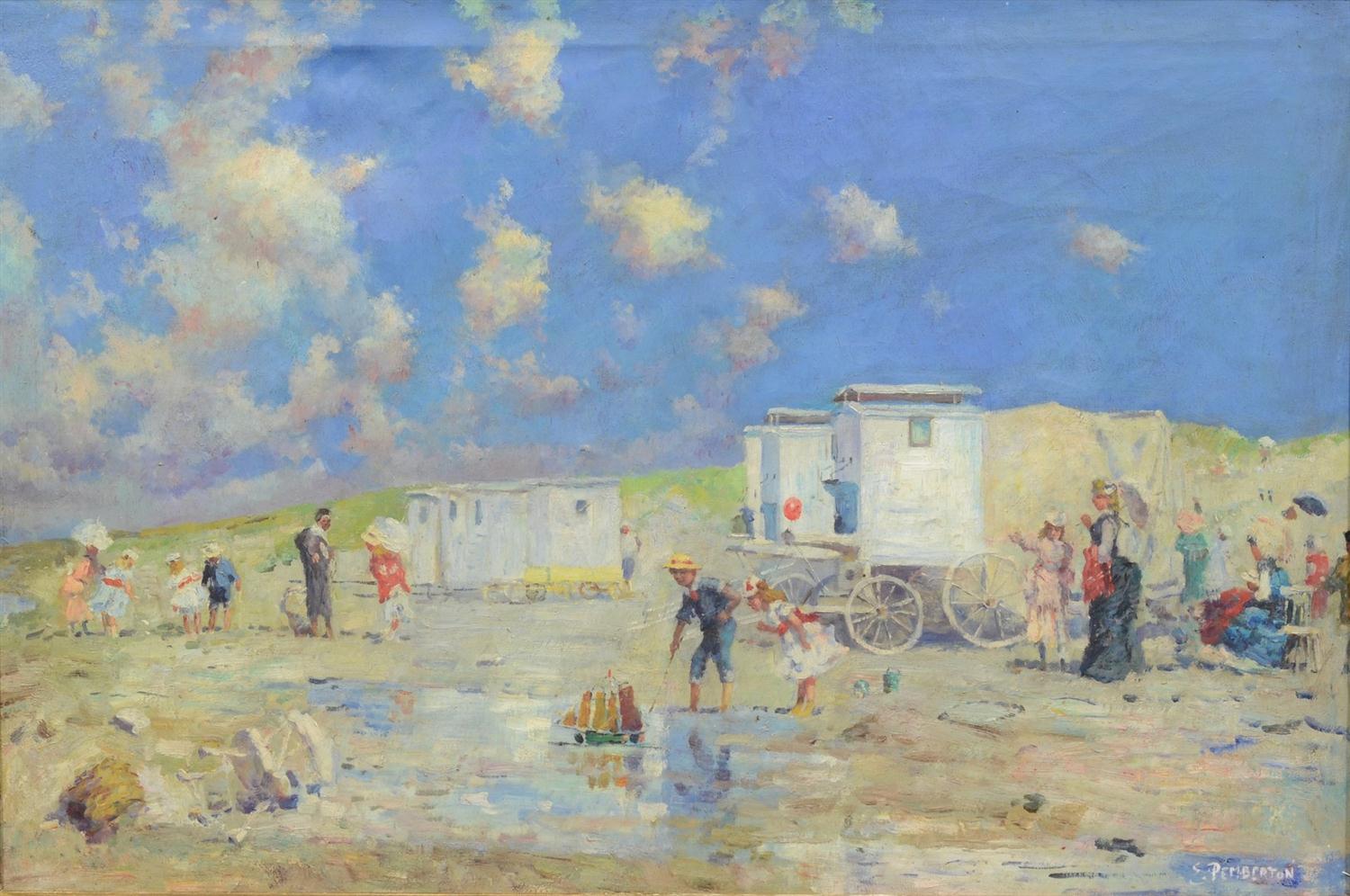 Appraisal: E Pemberton th Century oil on canvas Beach Scene with