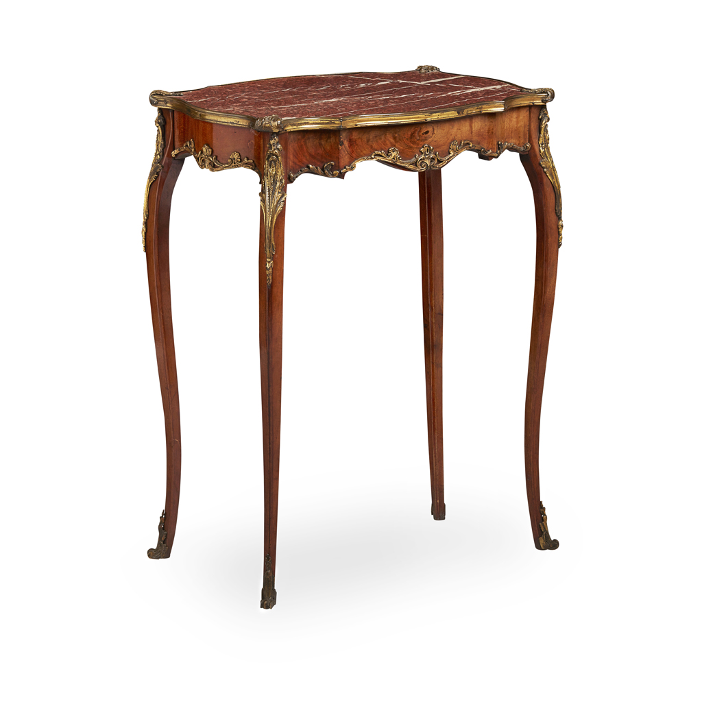 Appraisal: LOUIS XV STYLE ACAJOU AND MARBLE TOP TABLE A DEJEUNER