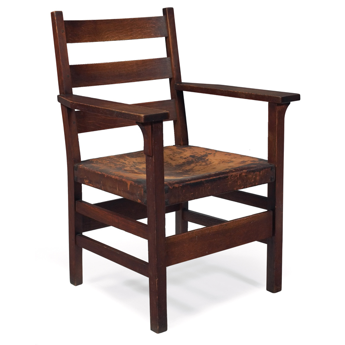 Appraisal: Gustav Stickley armchair three horizontal slats at back over a