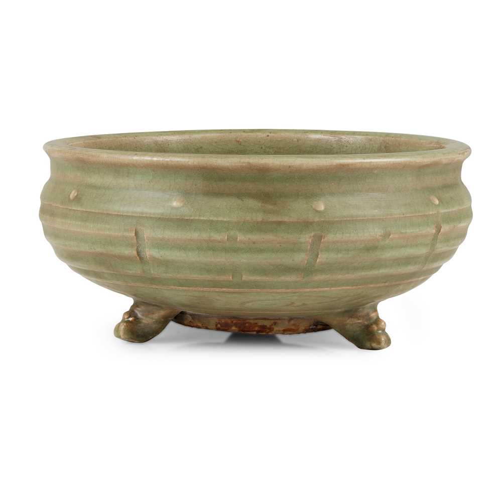 Appraisal: LONGQUAN CELADON 'BAGUA' TRIPOD CENSER heavily potted on three feet