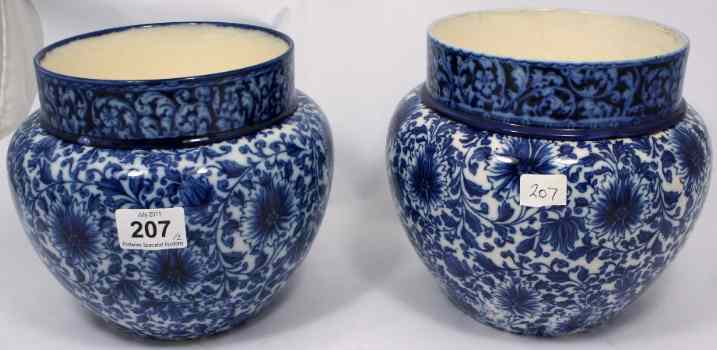 Appraisal: Doulton Burslem Pair of Blue and White Jardinieres with unusual