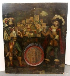 Appraisal: Hand painted panel with wine barrel end from a pub