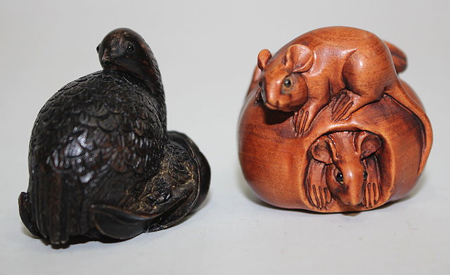 Appraisal: A SMALL CARVED BOXWOOD NETSUKE with two mice around a