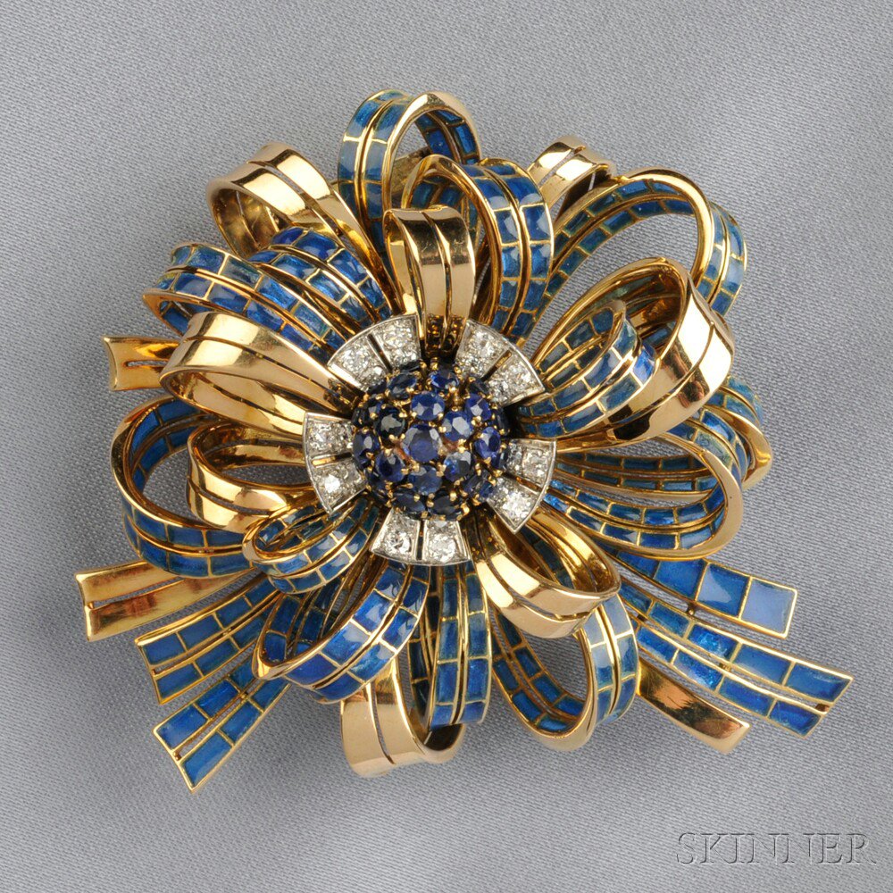 Appraisal: kt Gold Plique-a-Jour Enamel and Gem-set Bow Brooch France the