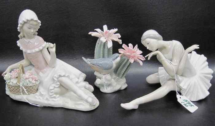 Appraisal: THREE LLADRO FIGURINES young girl reclining with a basket of