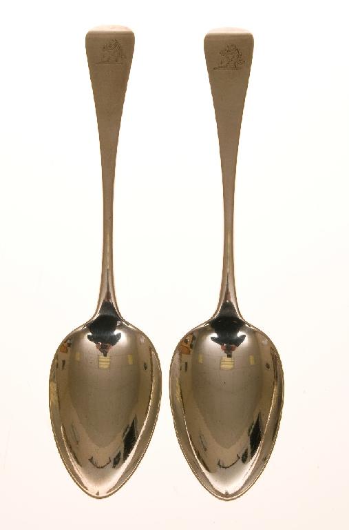 Appraisal: PAIR OF GEORGE III SILVER TABLE SPOONS JAMES BARBER AND