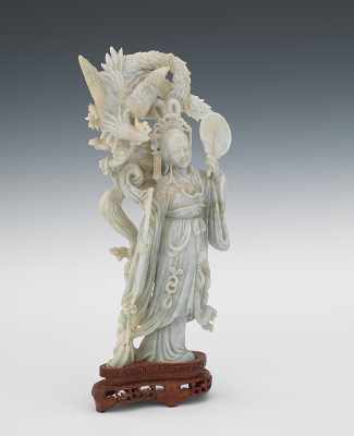 Appraisal: Carved Jadeite Guan Yin Figure with Rooster With exquisitely carved