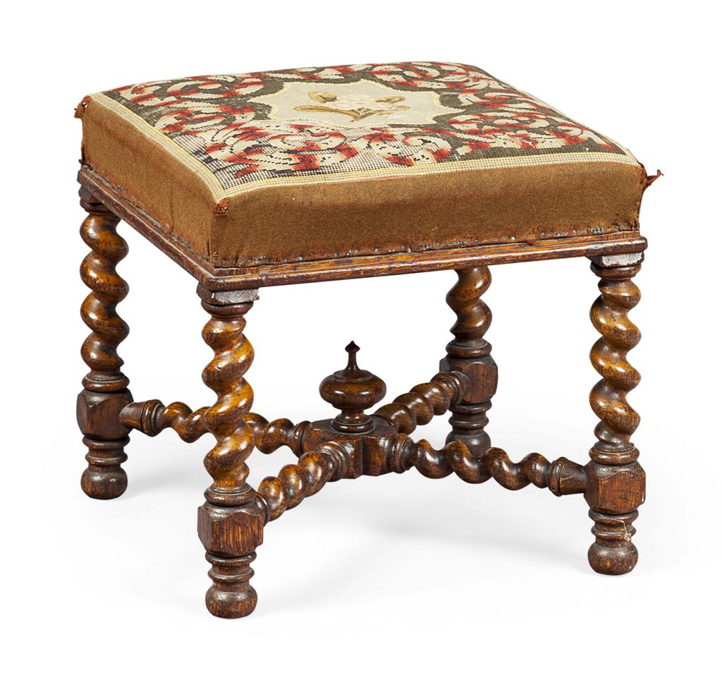 Appraisal: WILLIAM MARY STYLE OAK STOOL TH CENTURY the square padded