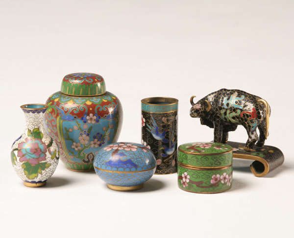 Appraisal: Chinese cloisonne miniature items including vases lidded boxes and bull