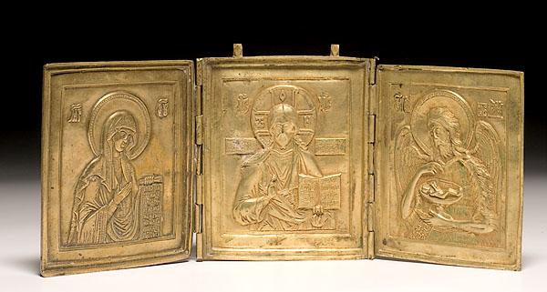 Appraisal: RUSSIAN BRASS FESTIVAL TRIPTYCH th century three part hinged plaque