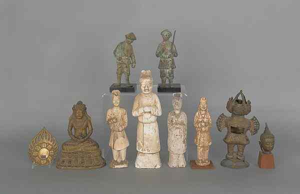 Appraisal: Five Asian bronze figures together with four pottery figures tallest