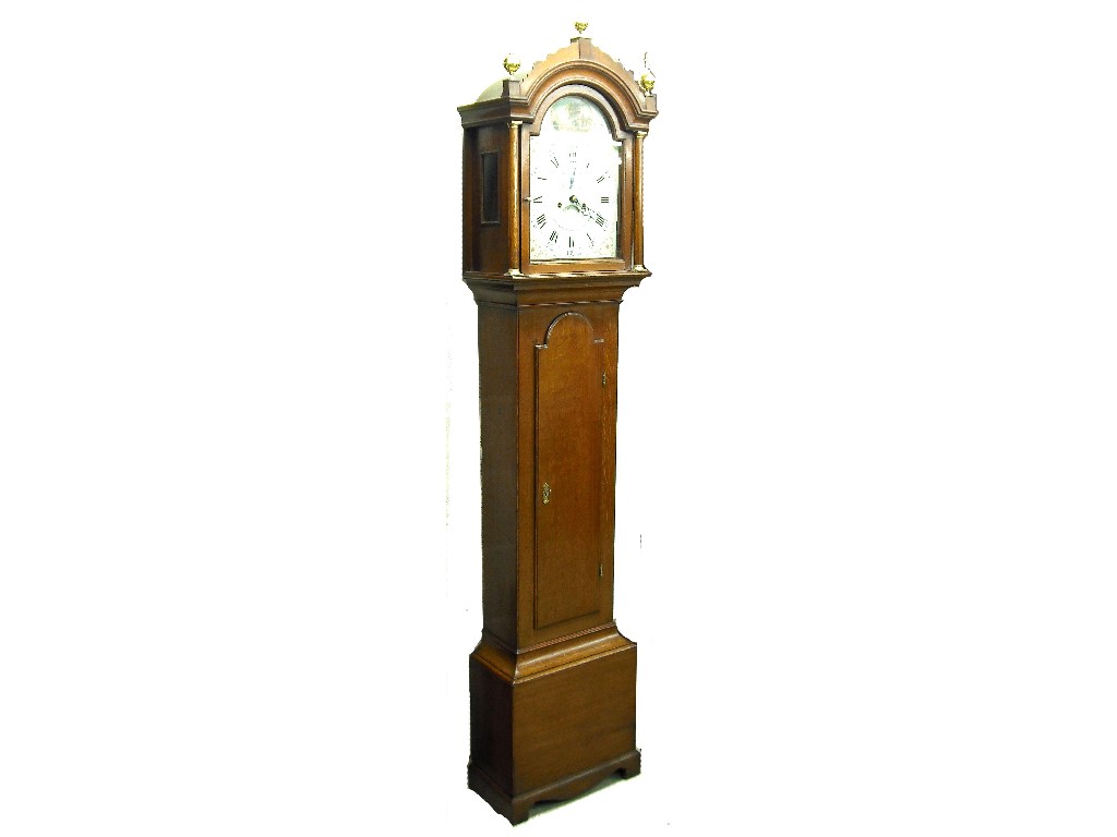 Appraisal: Oak eight day longcase clock the painted and finely gilded