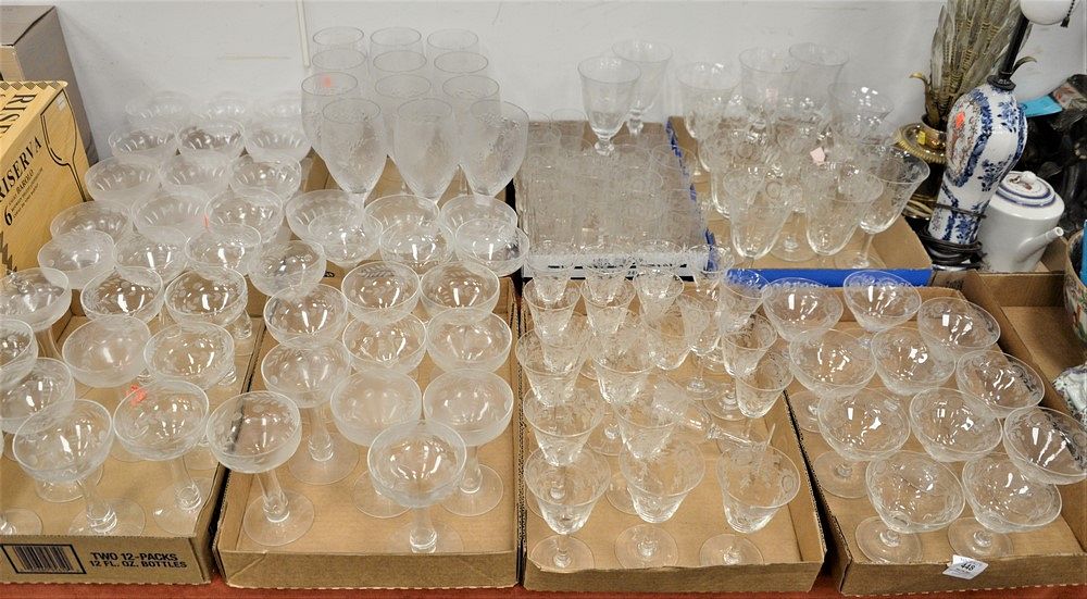 Appraisal: Nine Tray Lots of Glass Stemware etched glass crystal etc