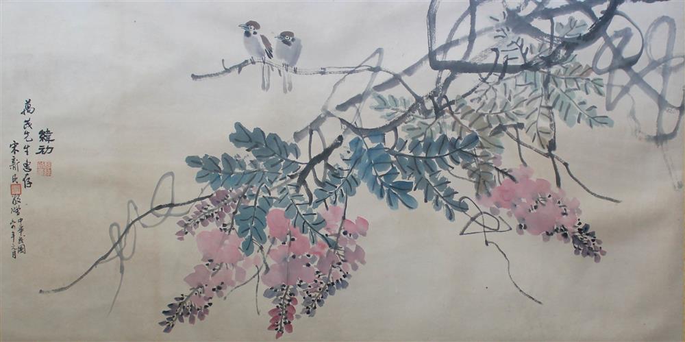 Appraisal: CAO WEICHU CHINESE - WISTERIA AND TWO BIRDS Ink and