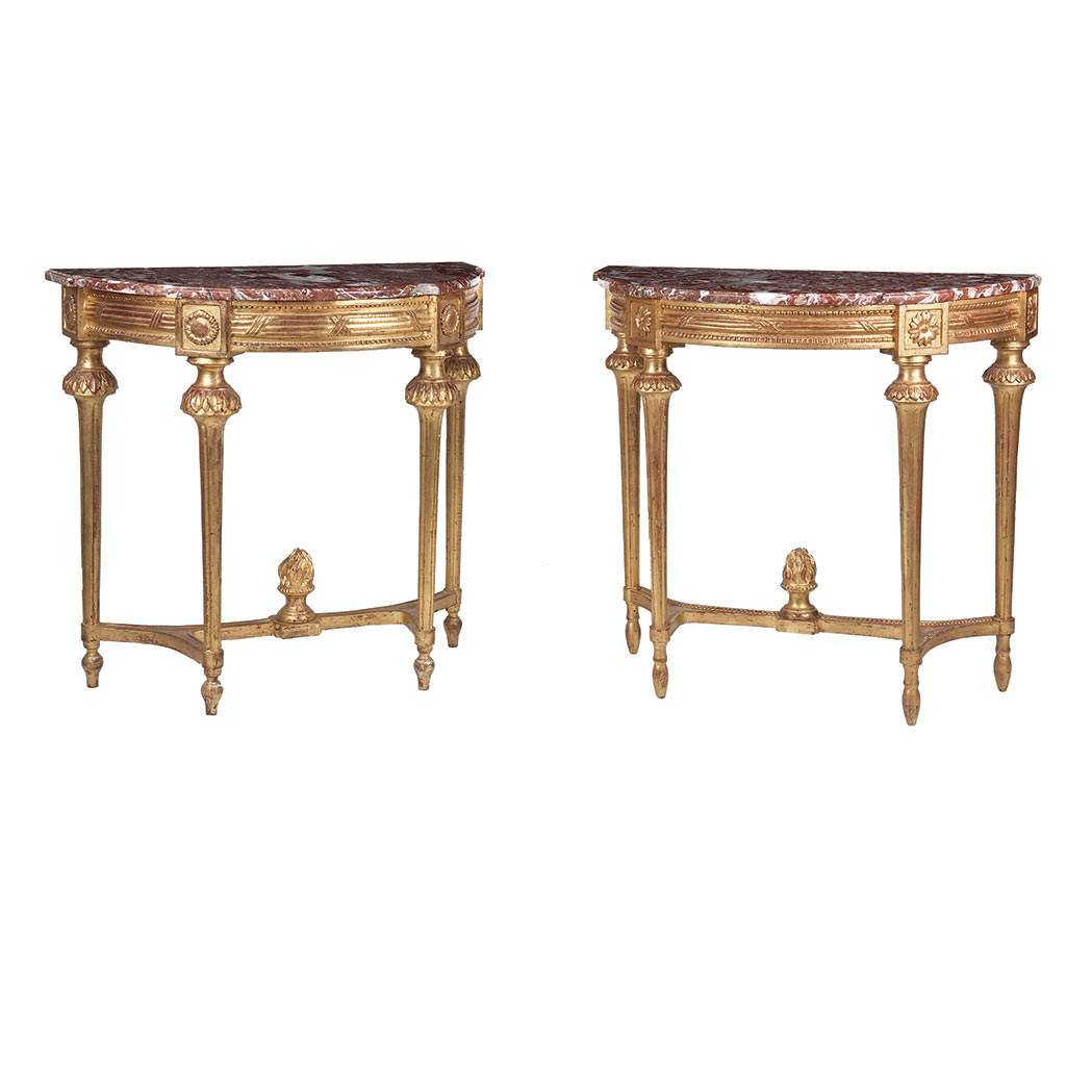 Appraisal: Pair of Northern European Neoclassical Gilt-Wood Consoles th Century Each