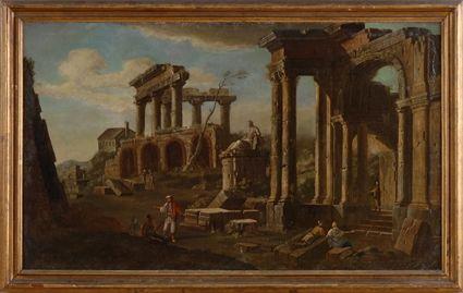 Appraisal: ITALIAN SCHOOL FIGURES AMONG RUINS Oil on canvas relined x