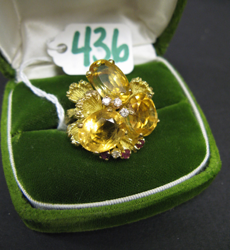 Appraisal: CITRINE RUBY DIAMOND AND FOURTEEN KARAT GOLD RING set with