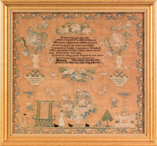 Appraisal: Philadelphia silk on linen sampler wrought by Catherine Cornman with