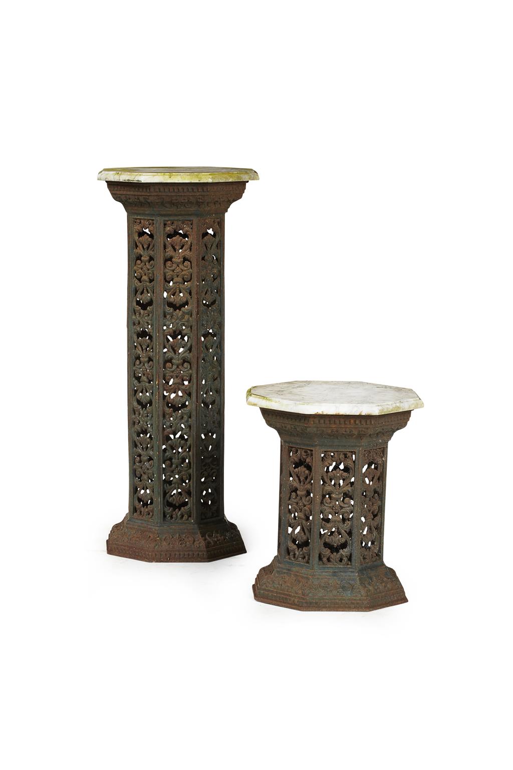 Appraisal: TWO MARBLE TOPPED CAST IRON STANDS each octagonal stand with