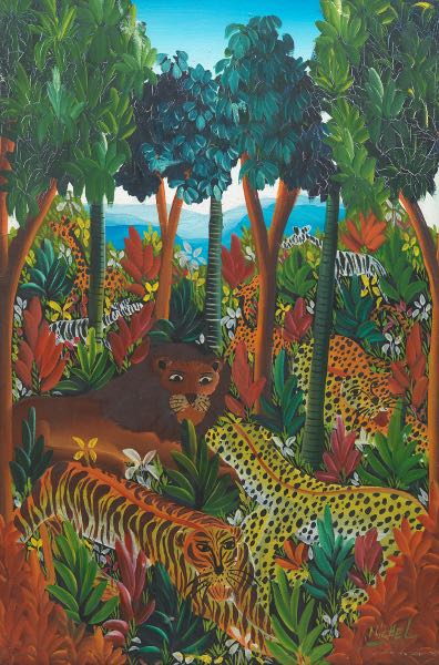 Appraisal: MICHEL HAITIAN TH CENTURY x Jungle scene with lions tigers