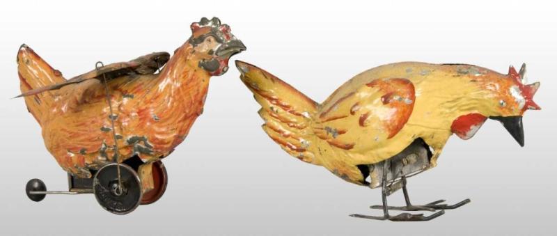 Appraisal: Lot of Tin Hand-Painted Wind-Up Rooster Toys Description German Working