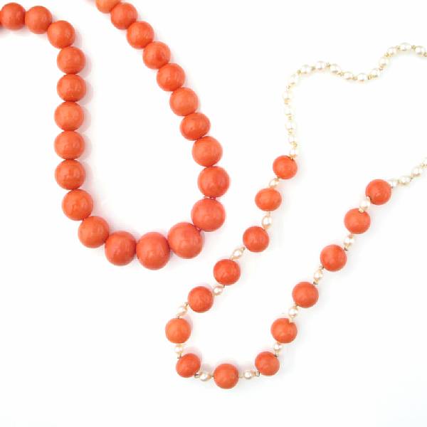 Appraisal: A collection of two coral bead cultured pearl and gold