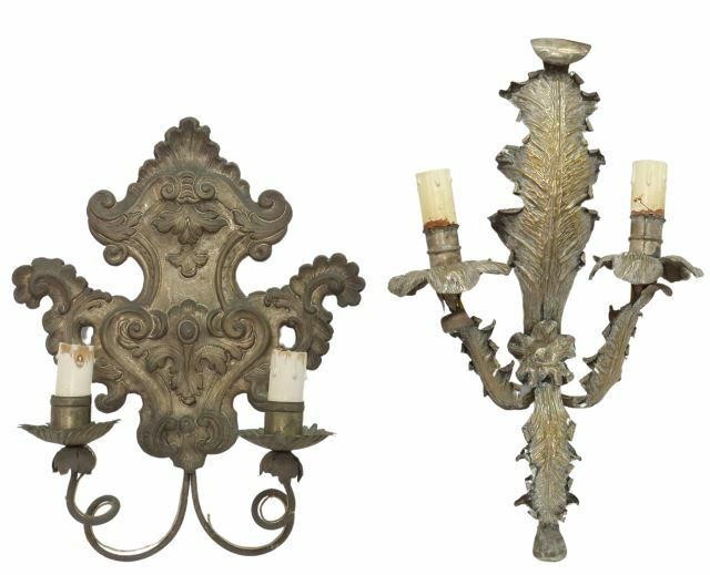 Appraisal: lot of Italian repousse metal two-light sconces comprising having gilt