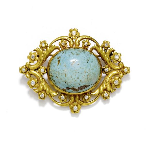 Appraisal: TURQUOISE DIAMOND AND GOLD PENDANT BROOCH ca Yellow gold Fancy