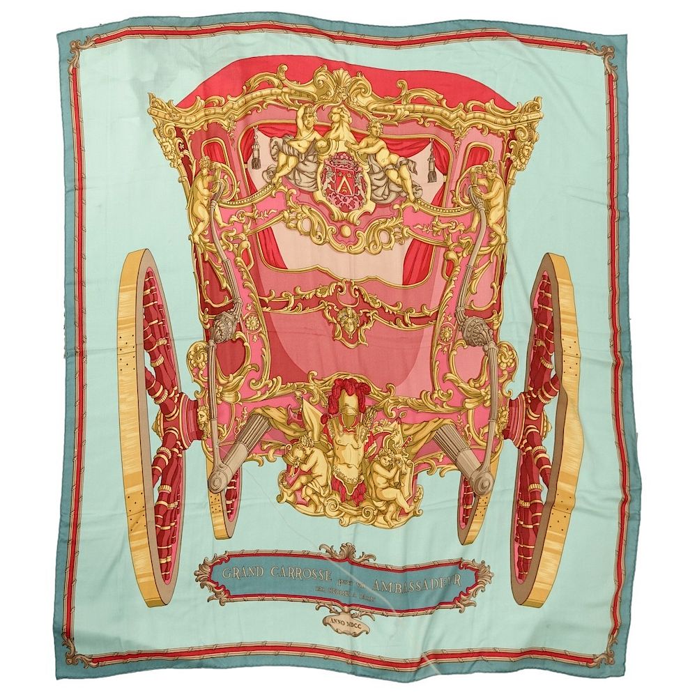 Appraisal: Hermes Scarf Hermes Blue Green Red Silk and Cashmere Grand-carrosse-pour-un-ambassadeur