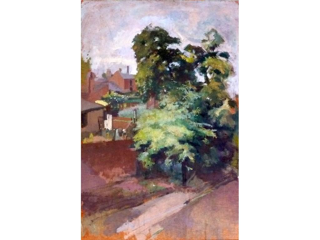 Appraisal: HARRY RUTHERFORD - OIL PAINTING ON PANEL'Back gardens Hyde' x