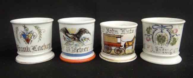 Appraisal: Lot four painted shaving mugs including tank batallion eagle horse