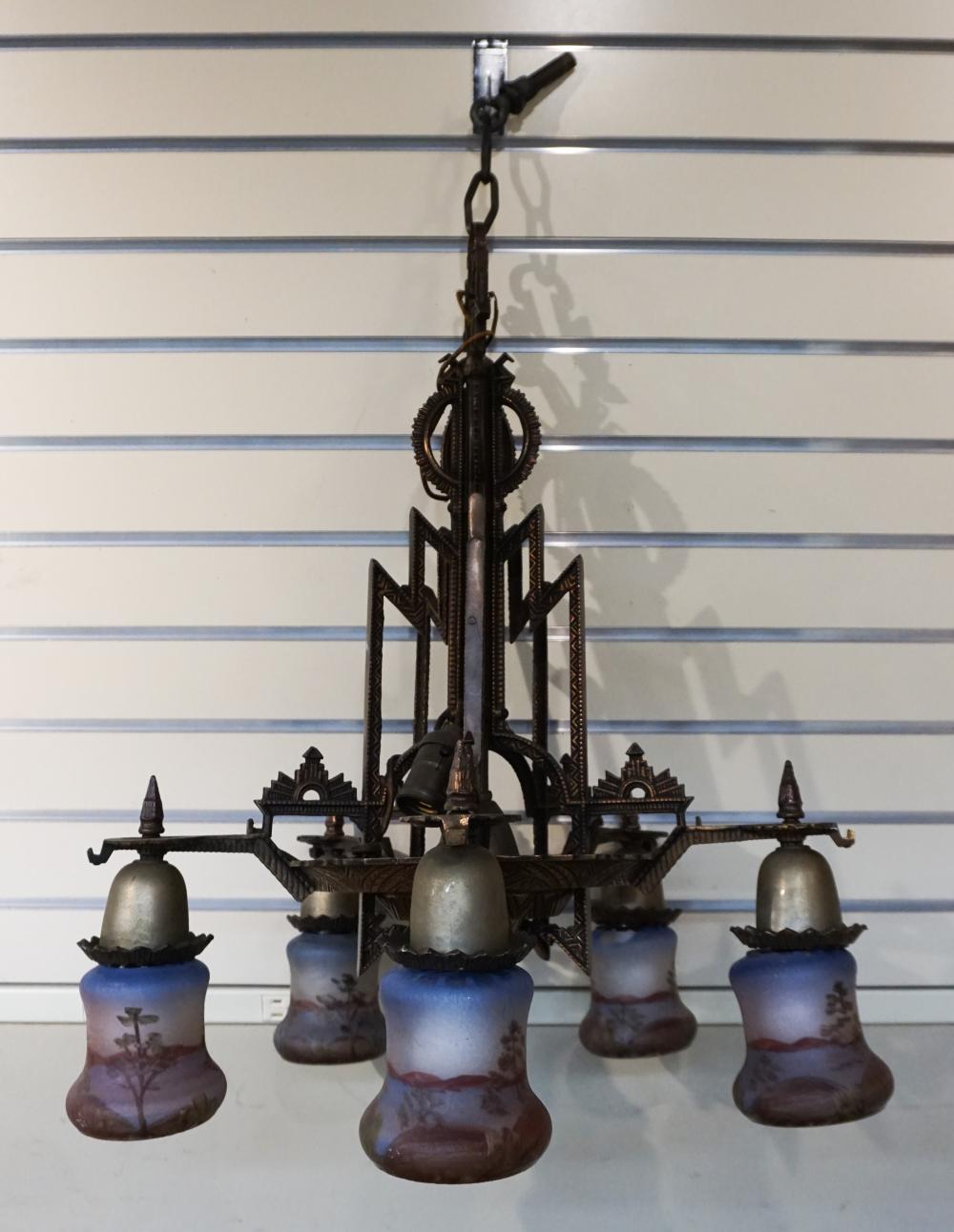 Appraisal: Art Deco Patinated Metal and Painted Glass Shade Five-Light Chandelier