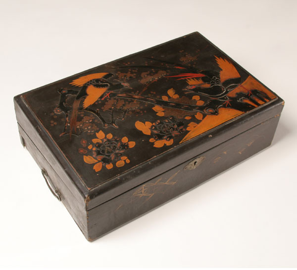 Appraisal: Oriental style lap writing desk embossed floral and exotic bird