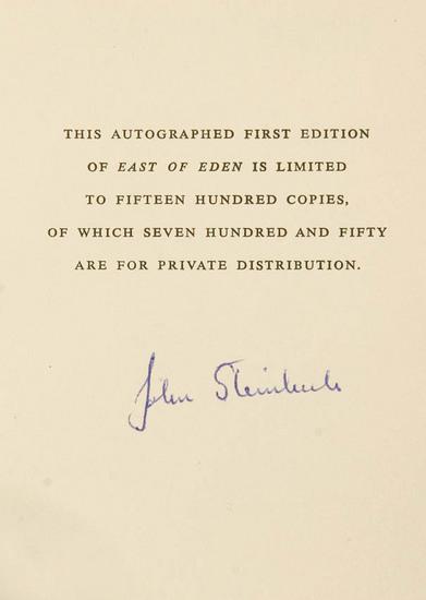 Appraisal: STEINBECK John East of Eden New York The Viking Press