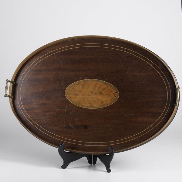 Appraisal: WOODEN OVAL SERVING TRAY Mahogony with brass handles shell inlaid