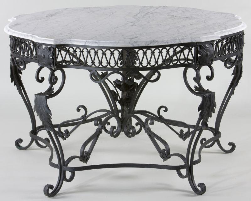 Appraisal: Wrought Iron Marble Topped Table circular form with shaped marble