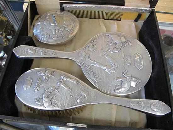 Appraisal: BOXED ART DECO INDIAN SILVER FOUR PIECE DRESSING TABLE SET