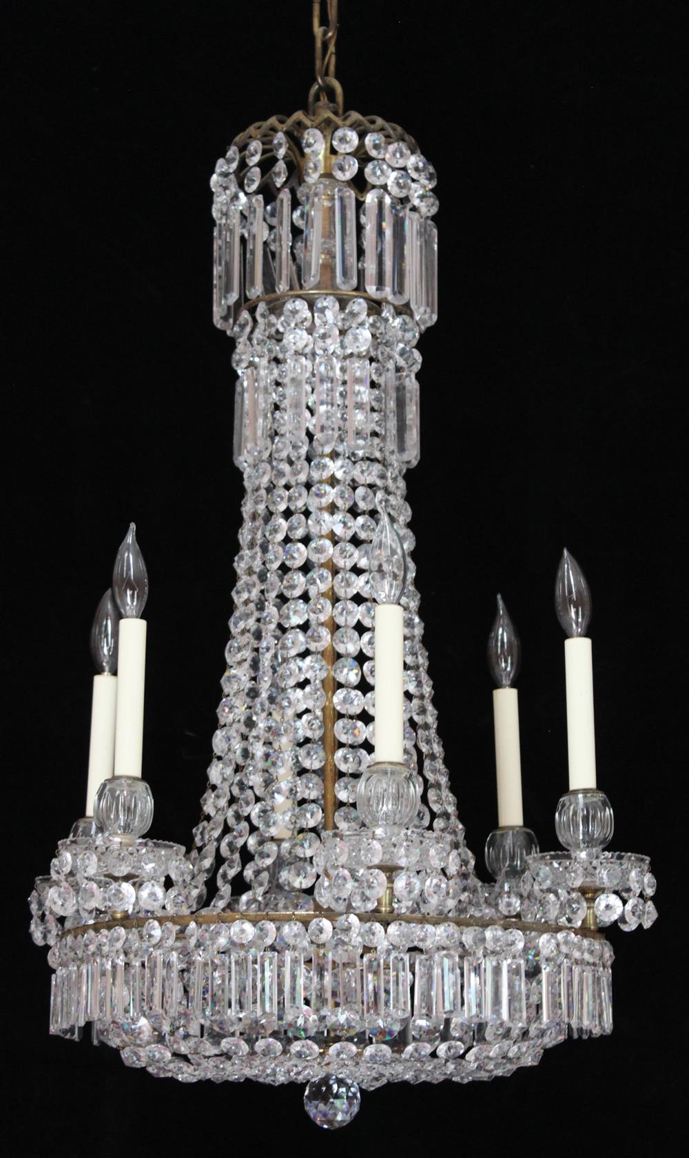 Appraisal: REGENCY CUT GLASS SIX-LIGHT CHANDELIER the main ring with prism