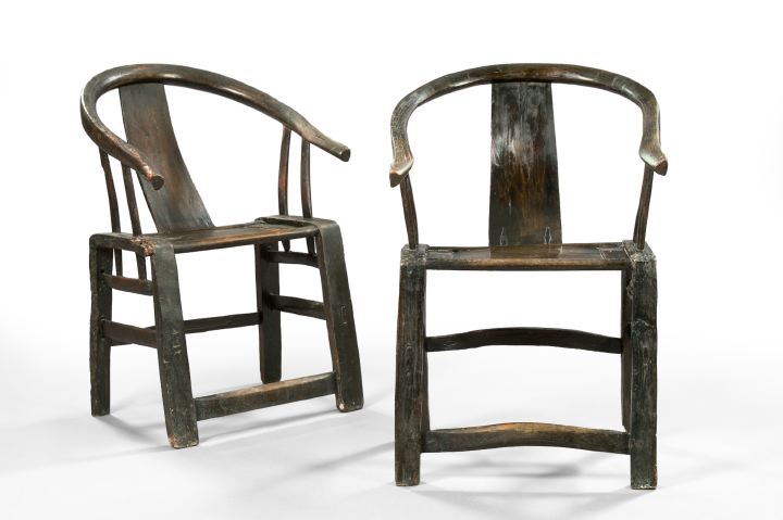 Appraisal: Pair of Chinese Provincial Black-Stained Wooden Yoke-Back Armchairs second quarter