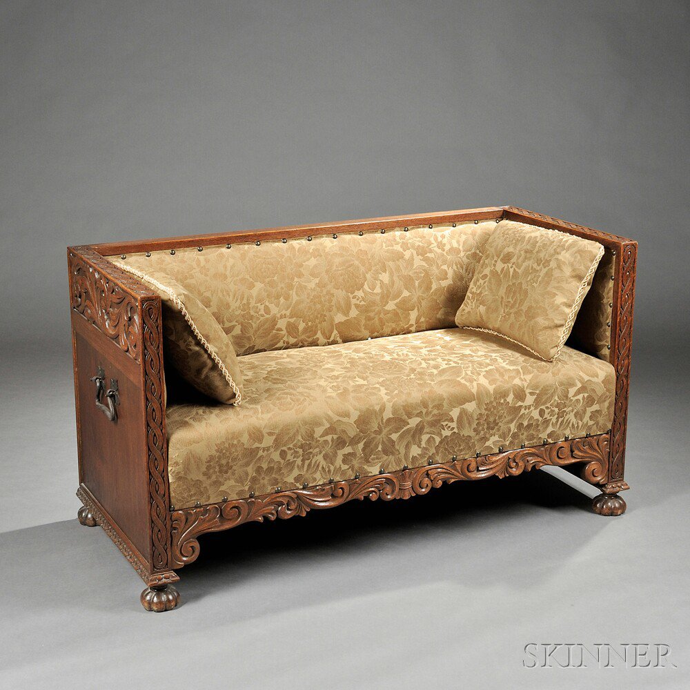 Appraisal: Carved and Upholstered Oak Settee the rectangular frame with guilloche-carved