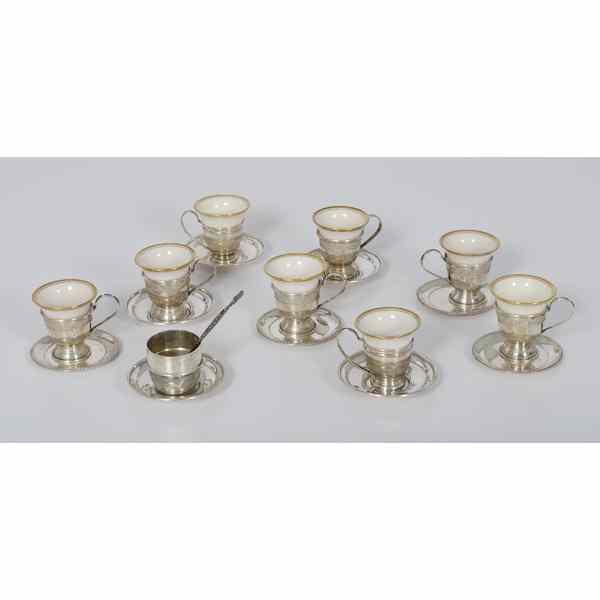 Appraisal: Silver and Porcelain Demitasse Cups and Saucers American An assembled