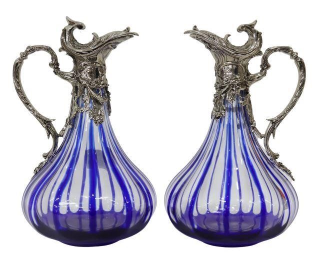 Appraisal: pair French cobalt-cut-to-clear glass wine ewers claret jugs Martin Benito