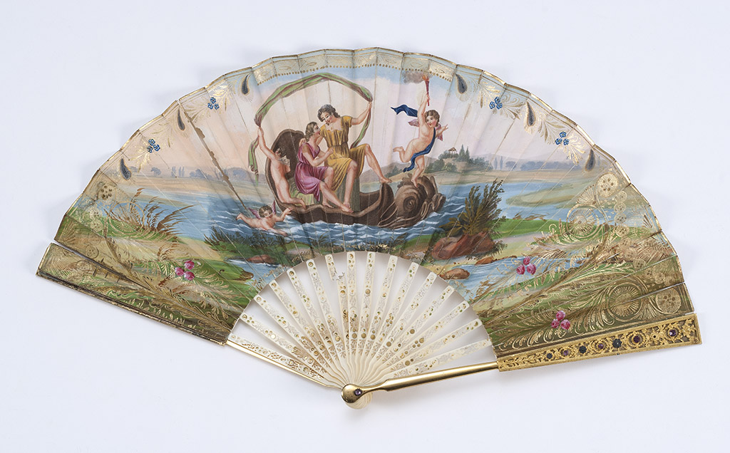 Appraisal: PAPER AND METAL FOLDING FAN Early th CenturyLithographed leaf illustrates