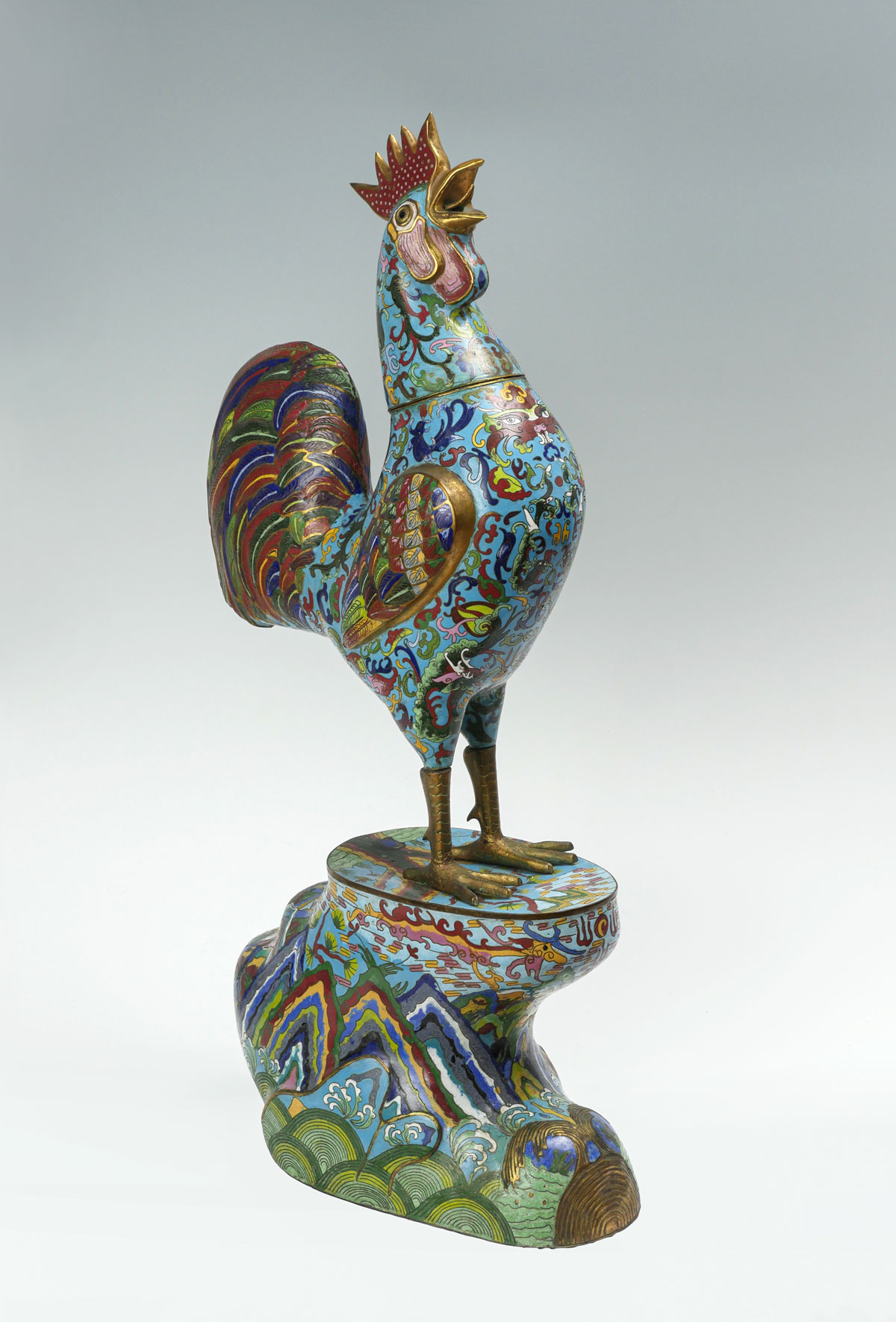 Appraisal: LARGE CHINESE ARCHAIC STYLE CLOISONNE ROOSTER VESSEL Large Chinese cloisonne